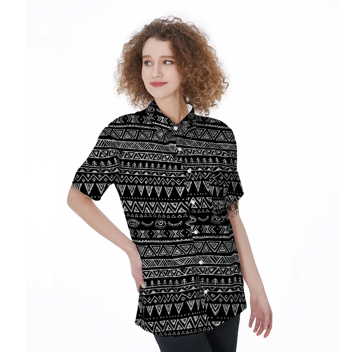 Black And White Doodle Tribal Aztec Print Women's Short Sleeve Shirts-grizzshop