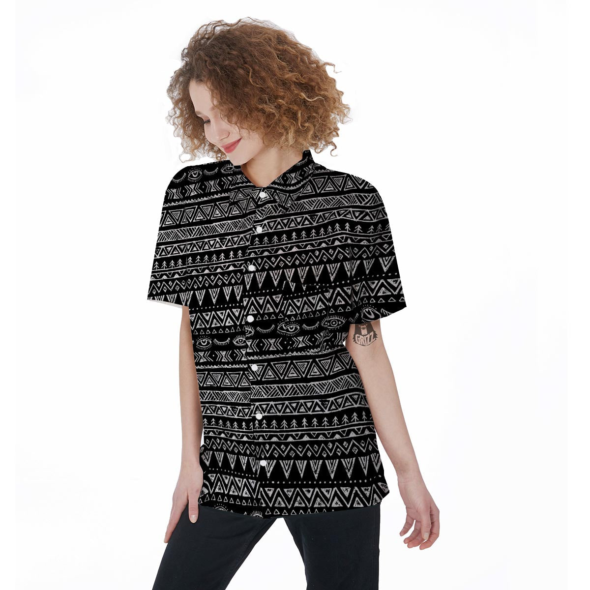 Black And White Doodle Tribal Aztec Print Women's Short Sleeve Shirts-grizzshop