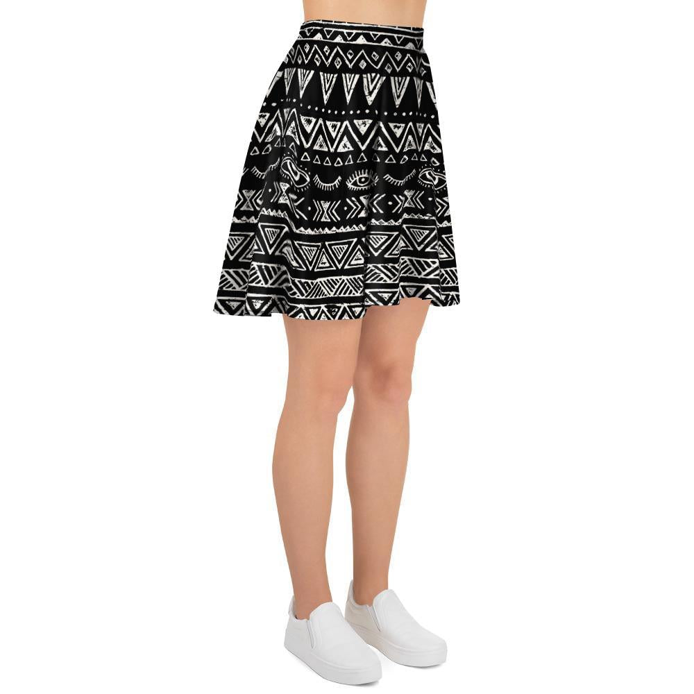 Black And White Doodle Tribal Aztec Print Women's Skirt-grizzshop