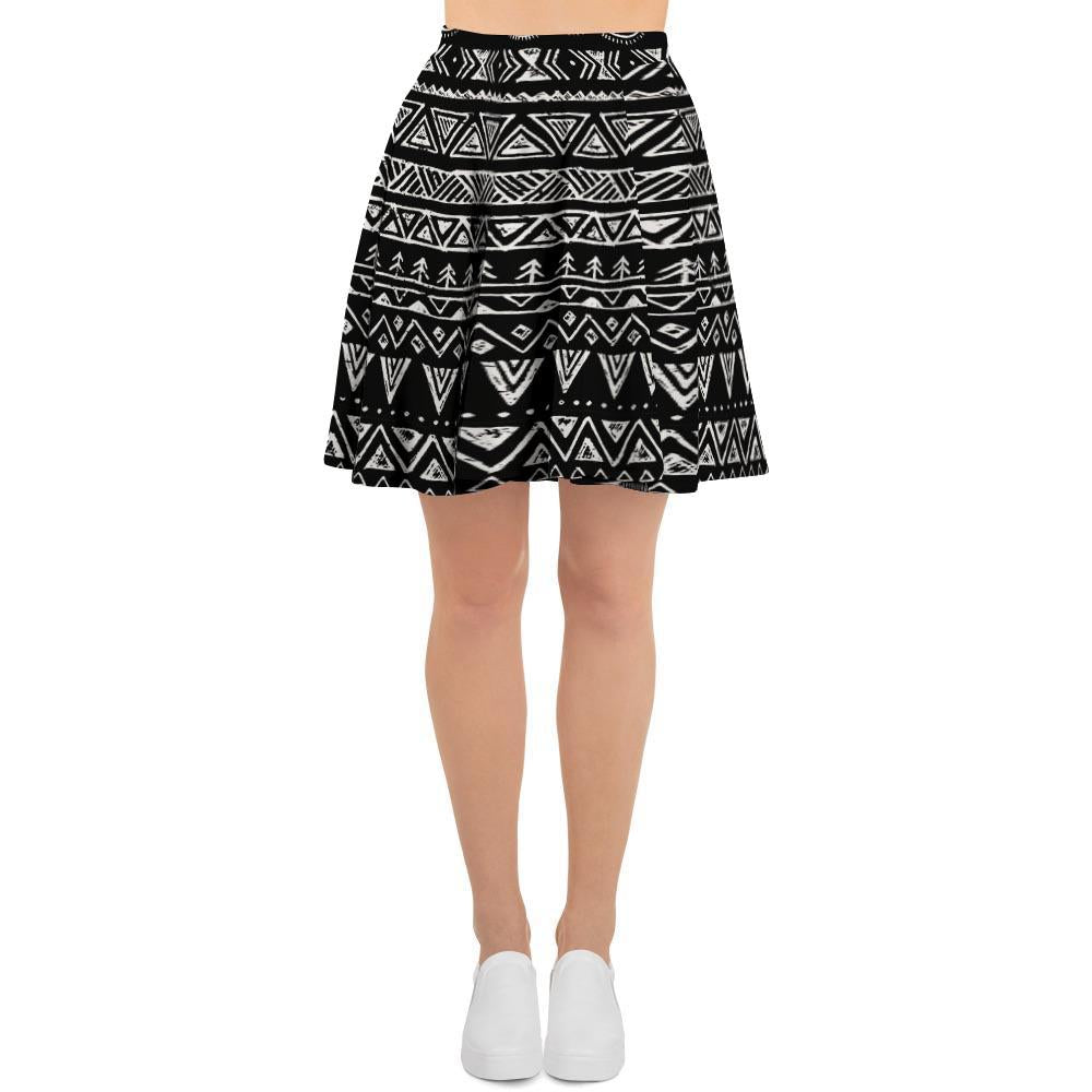 Black And White Doodle Tribal Aztec Print Women's Skirt-grizzshop