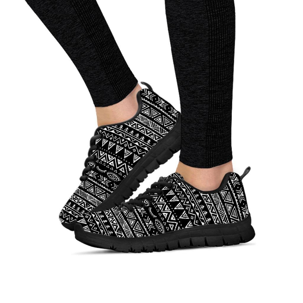 Black And White Doodle Tribal Aztec Print Women's Sneakers-grizzshop