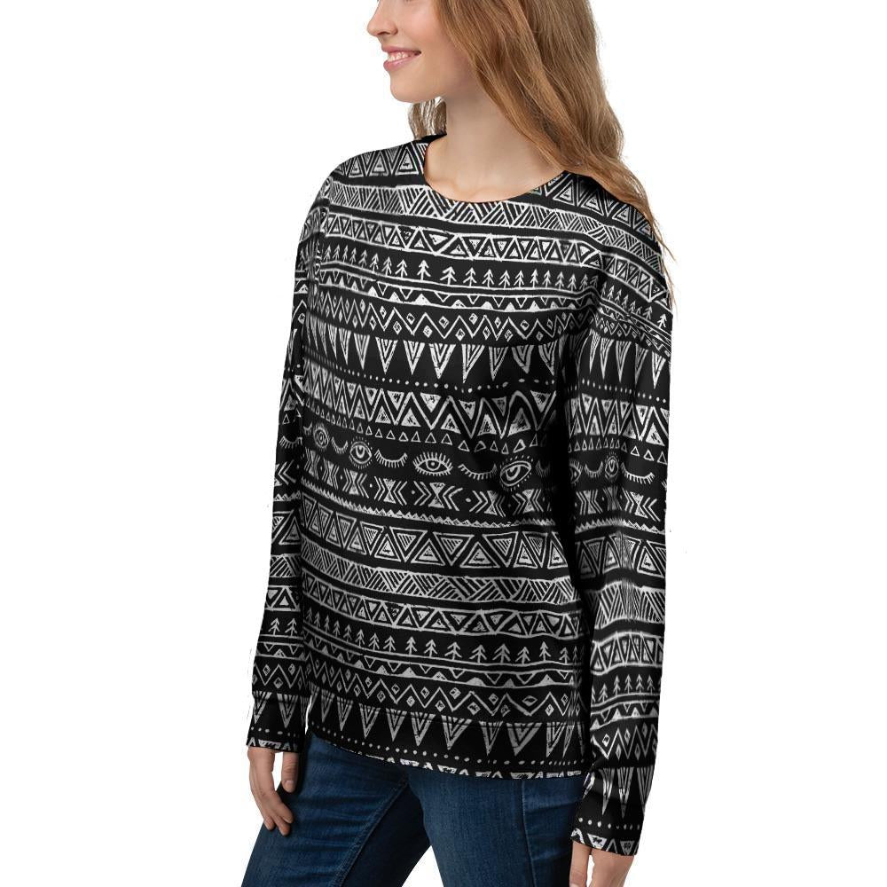 Black And White Doodle Tribal Aztec Print Women's Sweatshirt-grizzshop