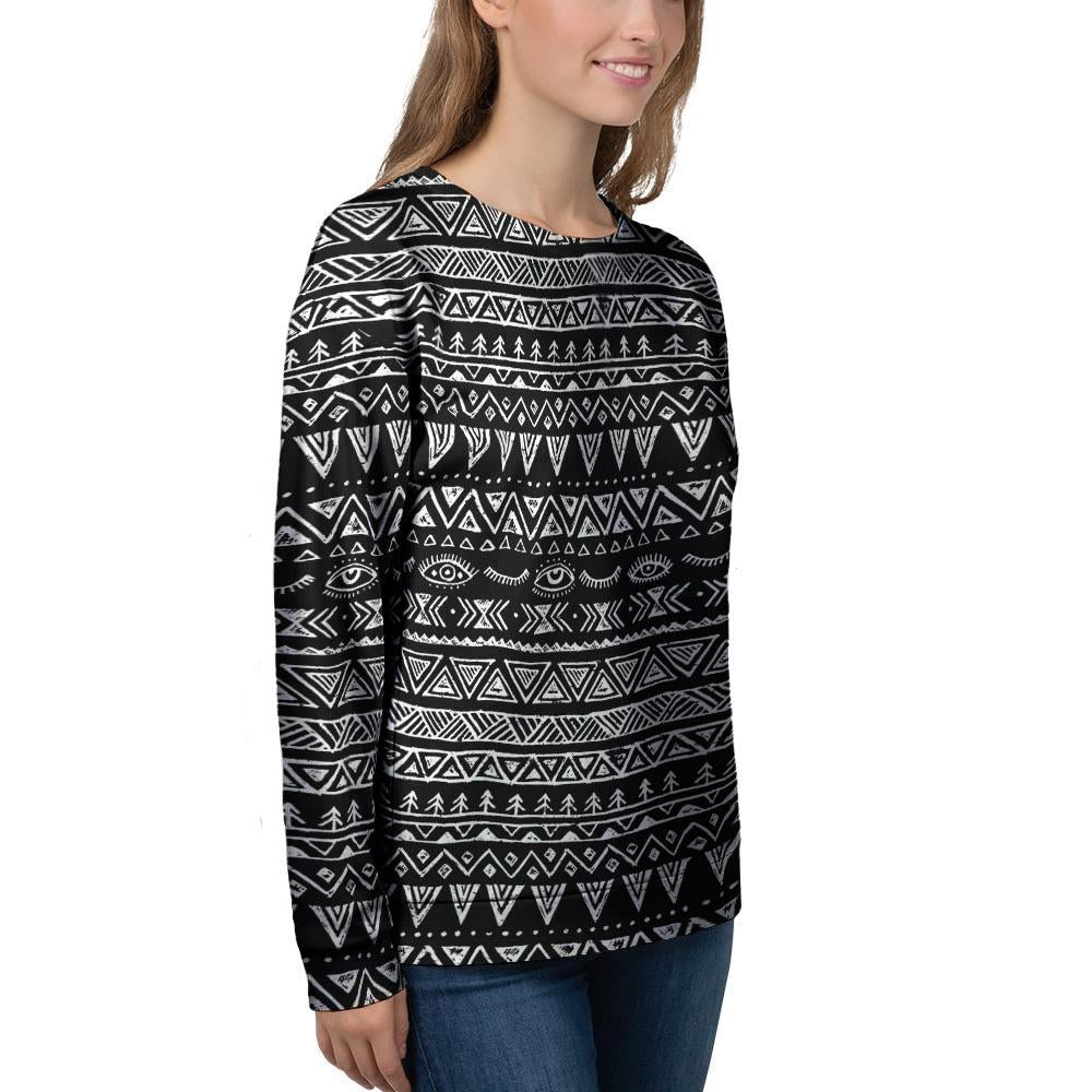 Black And White Doodle Tribal Aztec Print Women's Sweatshirt-grizzshop