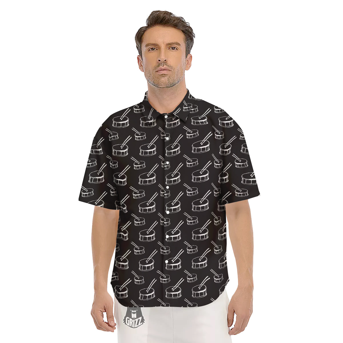 Black And White Drum Print Pattern Men's Short Sleeve Shirts-grizzshop