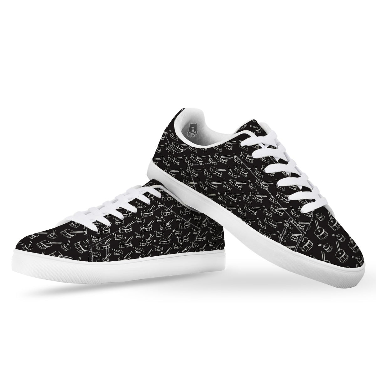 Black And White Drum Print Pattern White Low Top Sneakers-grizzshop