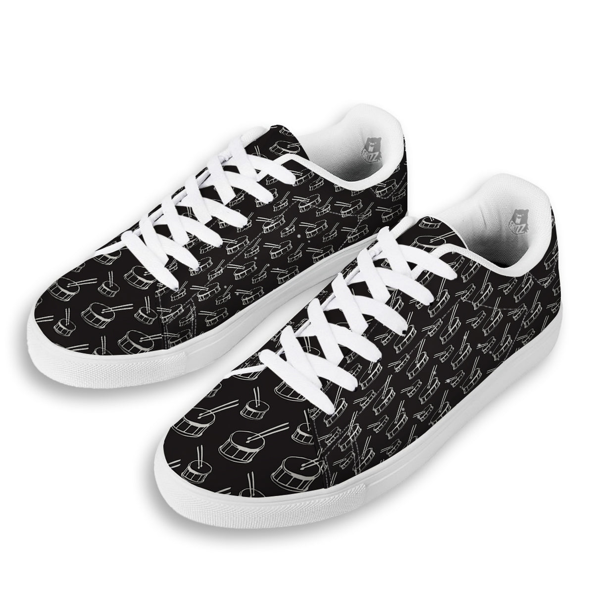 Black And White Drum Print Pattern White Low Top Sneakers-grizzshop