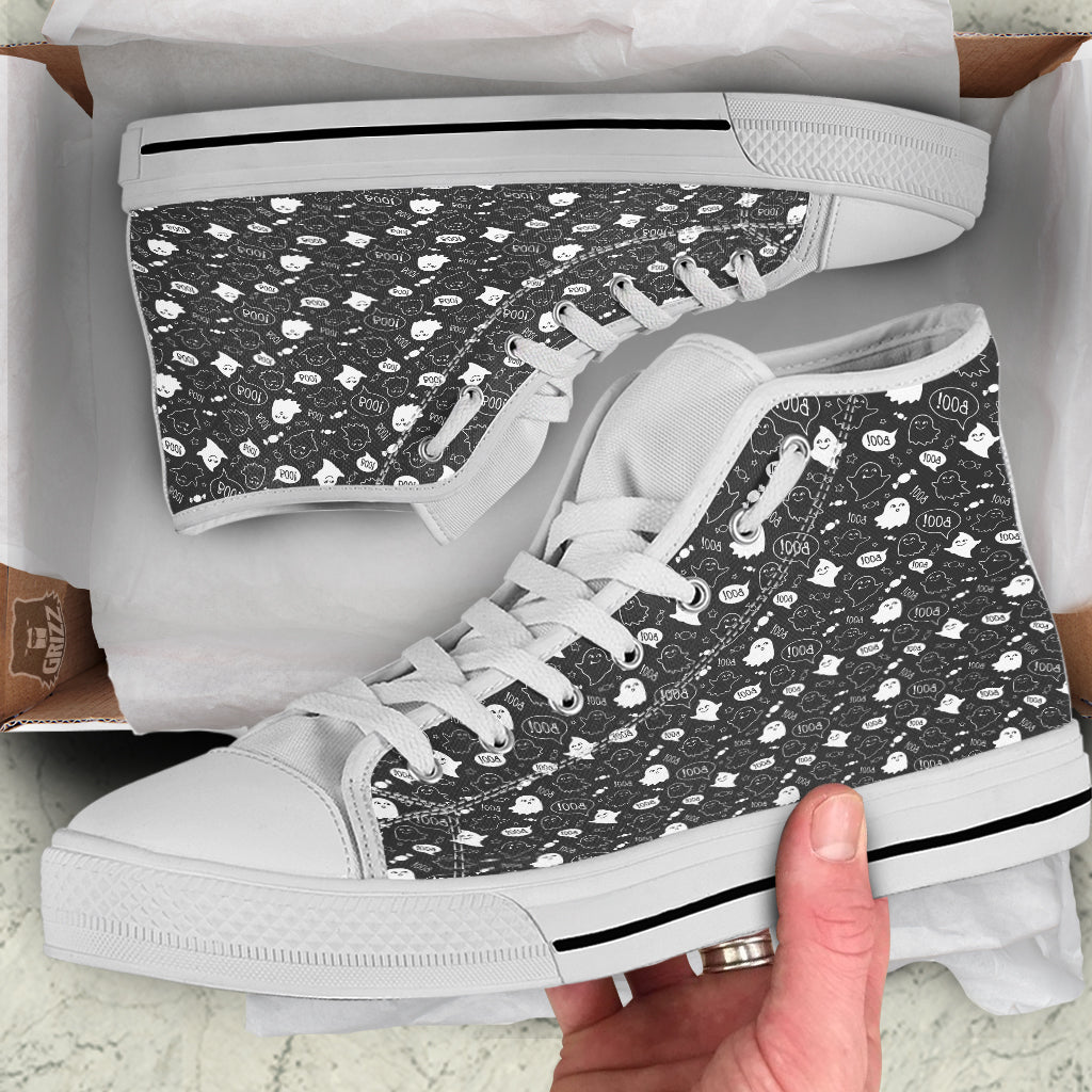 Black And White Ghost Boo Print Pattern White High Top Shoes-grizzshop
