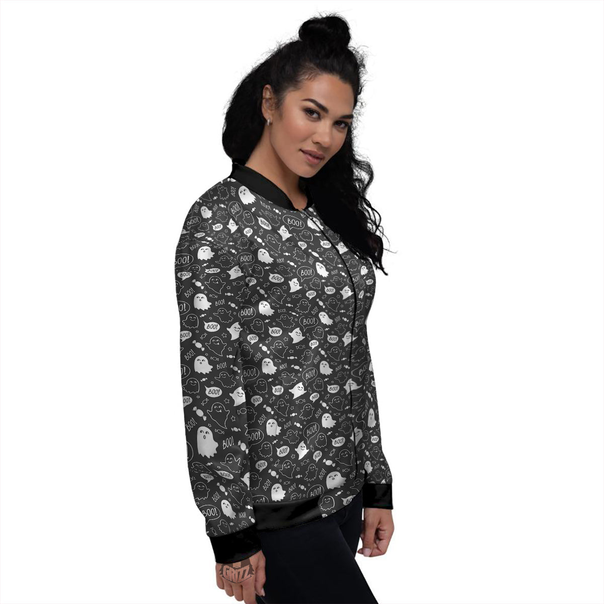 Black And White Ghost Boo Print Pattern Women's Bomber Jacket-grizzshop
