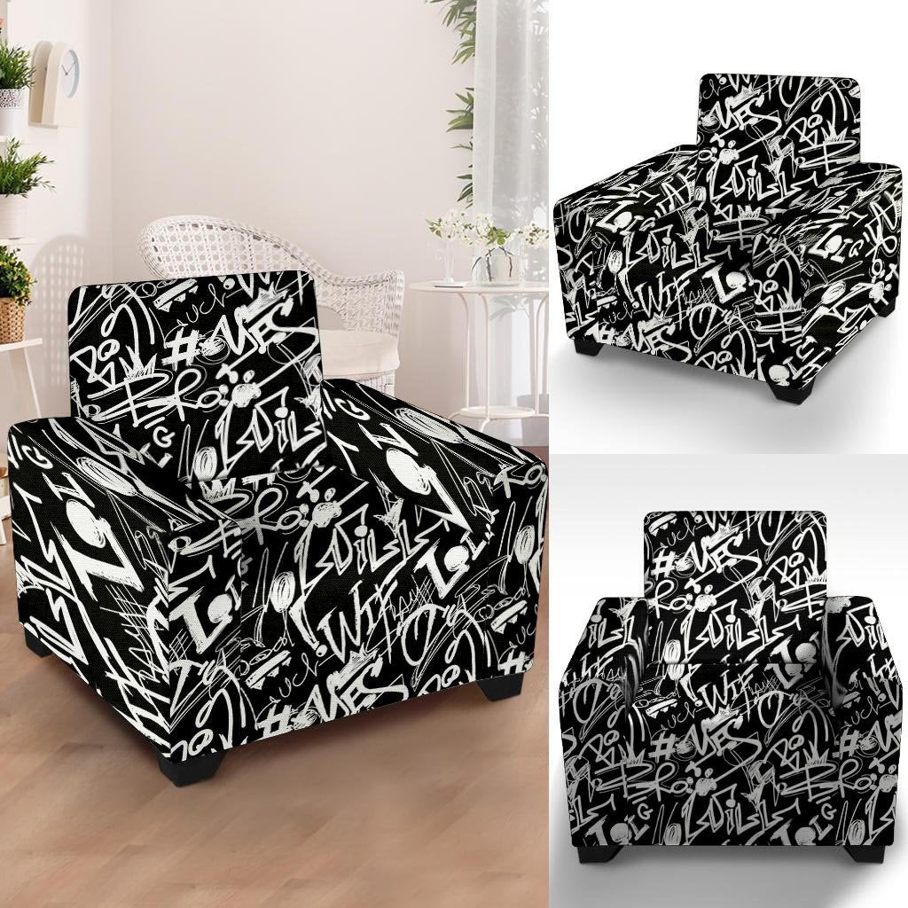 Black And White Graffiti Doodle Text Print Armchair Cover-grizzshop