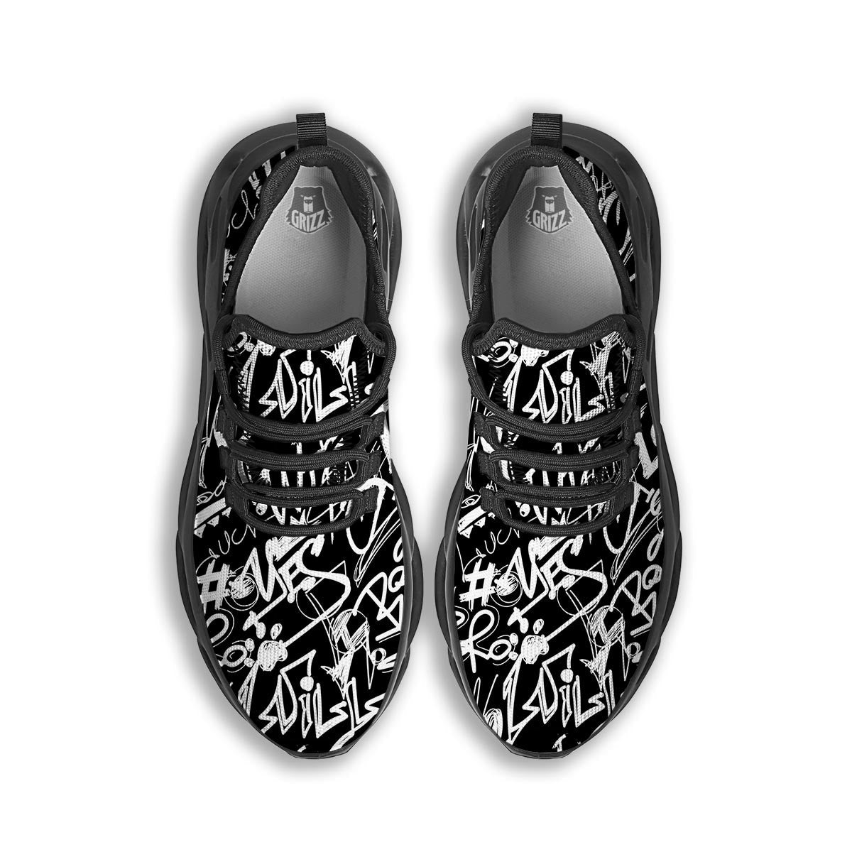 Black And White Graffiti Doodle Text Print Black Running Shoes-grizzshop