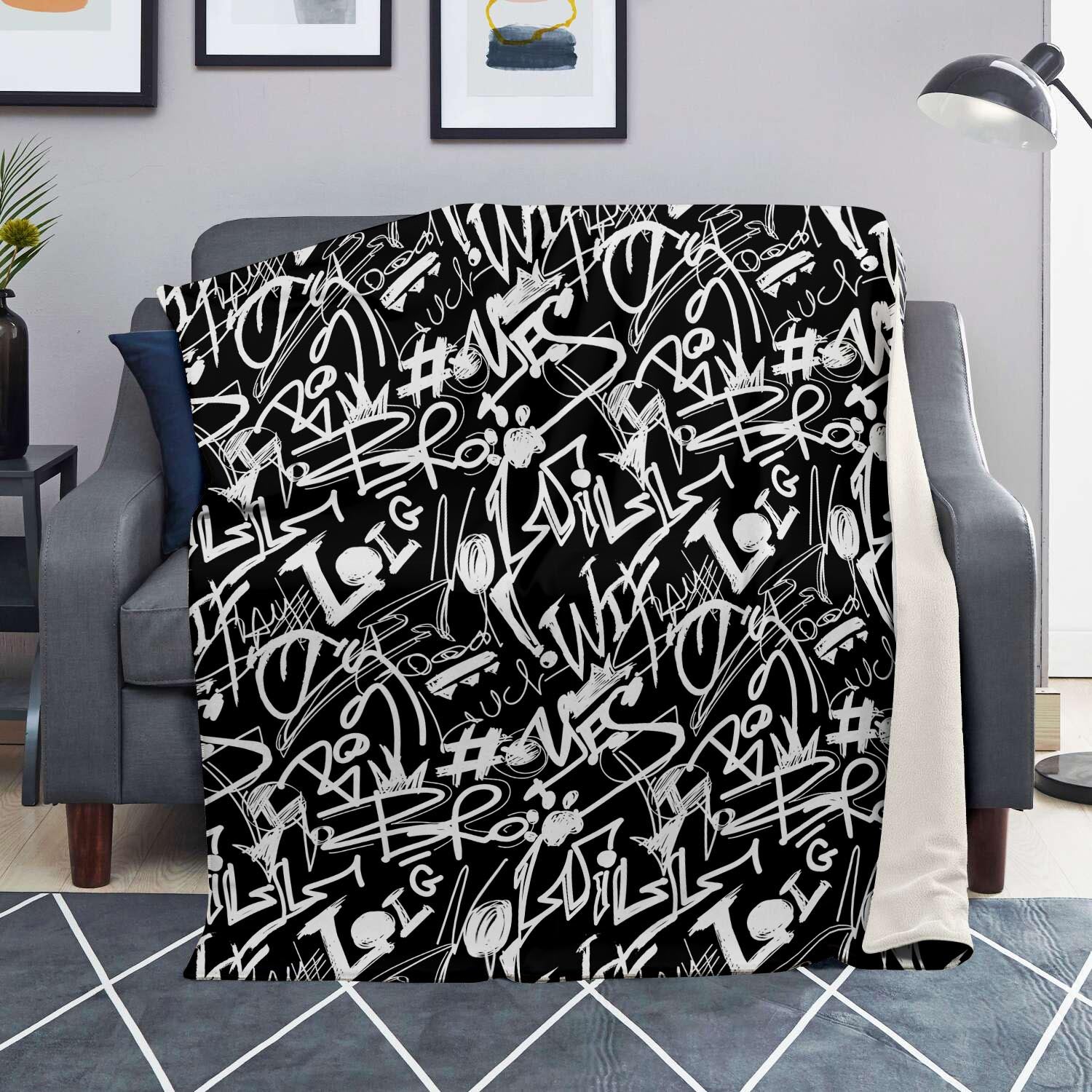 Black And White Graffiti Doodle Text Print Blanket-grizzshop