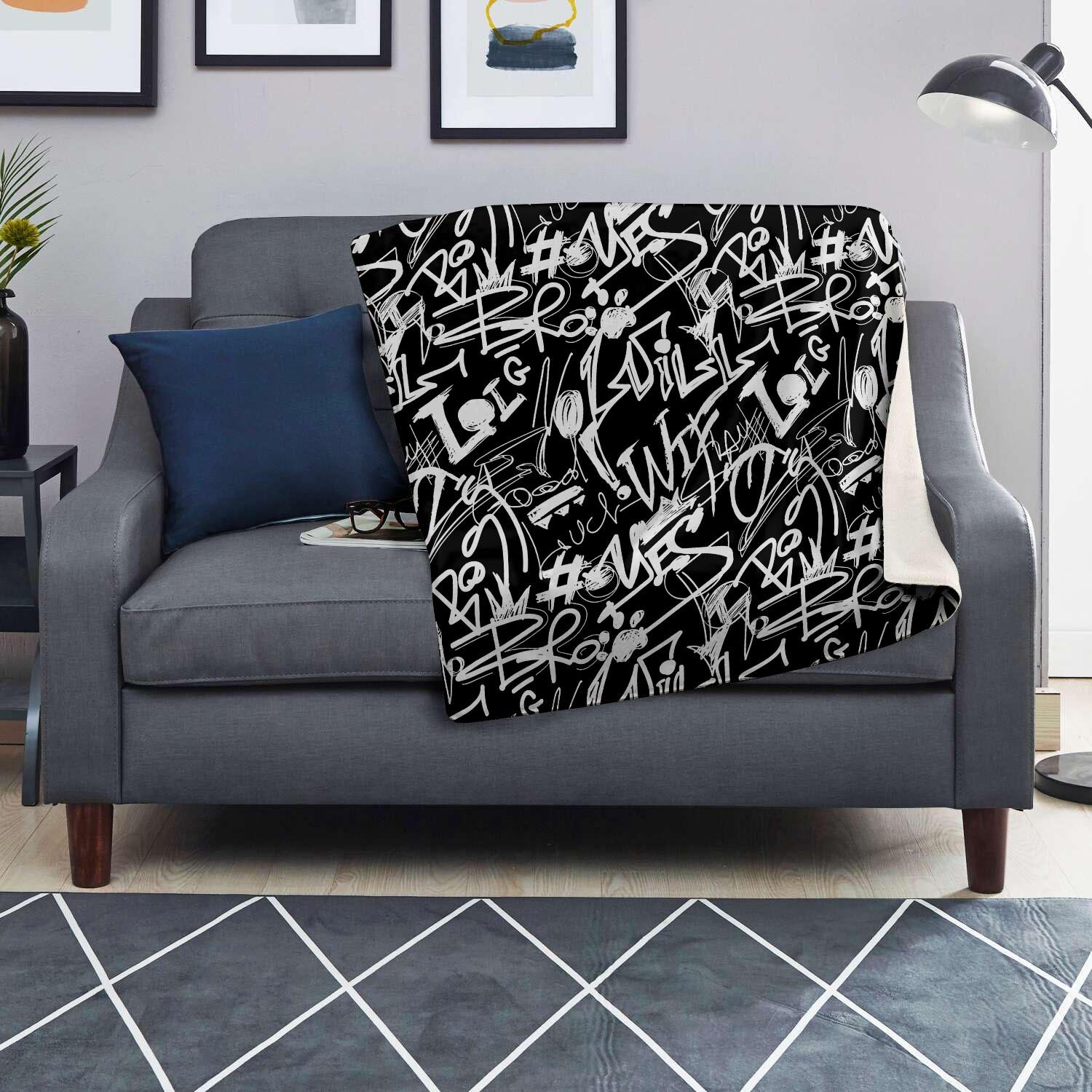 Black And White Graffiti Doodle Text Print Blanket-grizzshop