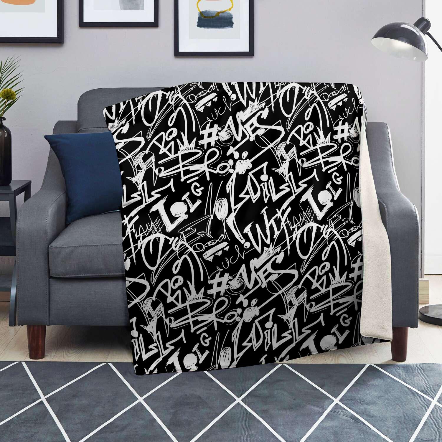 Black And White Graffiti Doodle Text Print Blanket-grizzshop