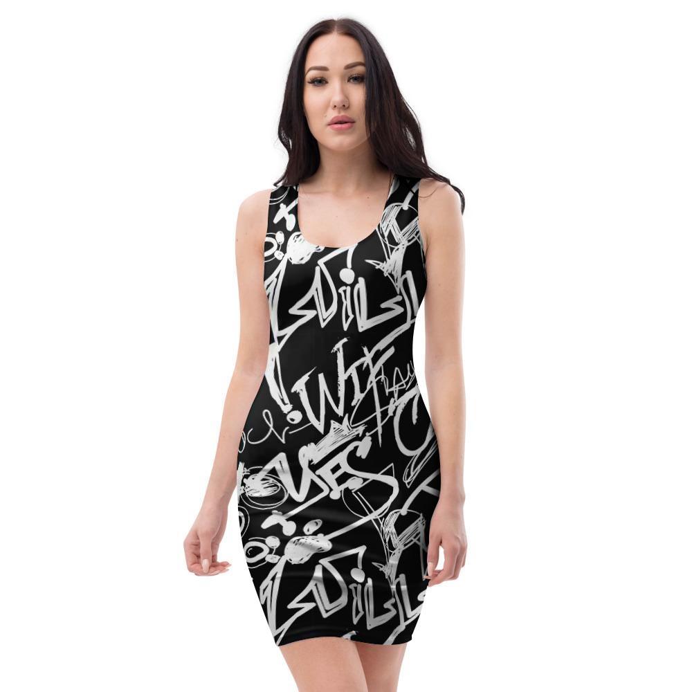 Black And White Graffiti Doodle Text Print Bodycon Dress-grizzshop