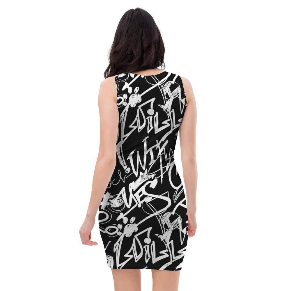 Black And White Graffiti Doodle Text Print Bodycon Dress-grizzshop