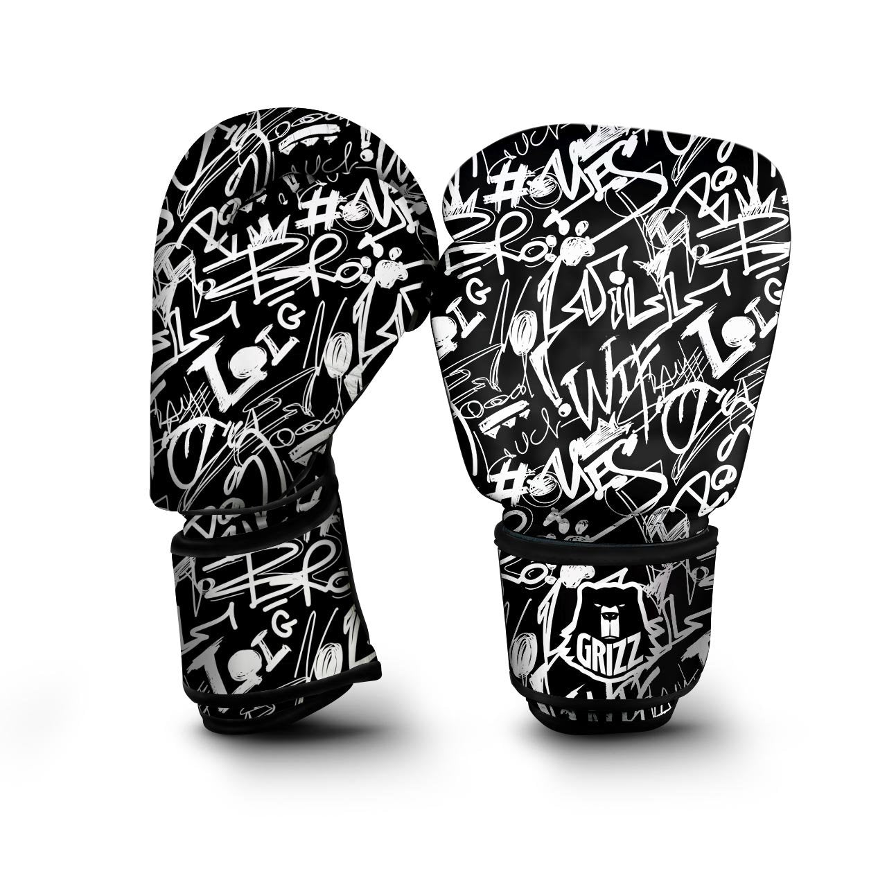 Black And White Graffiti Doodle Text Print Boxing Gloves-grizzshop