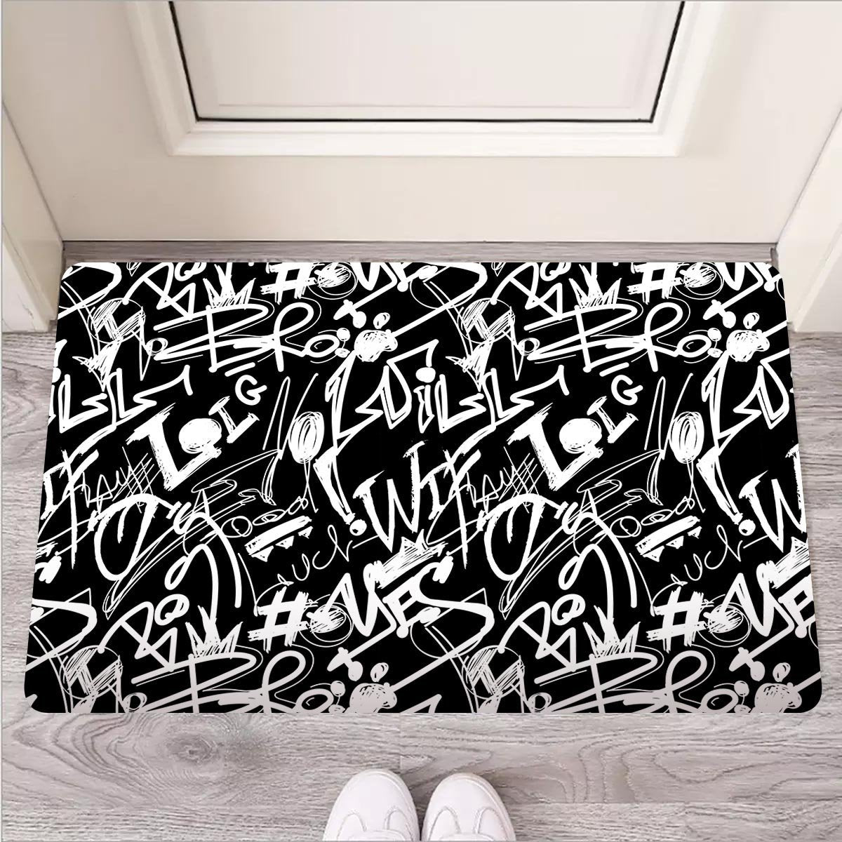 Black And White Graffiti Doodle Text Print Door Mat-grizzshop