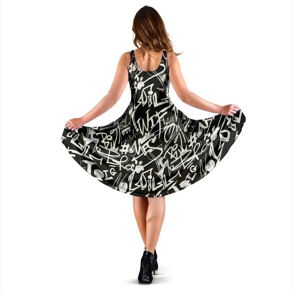 Black And White Graffiti Doodle Text Print Dress-grizzshop