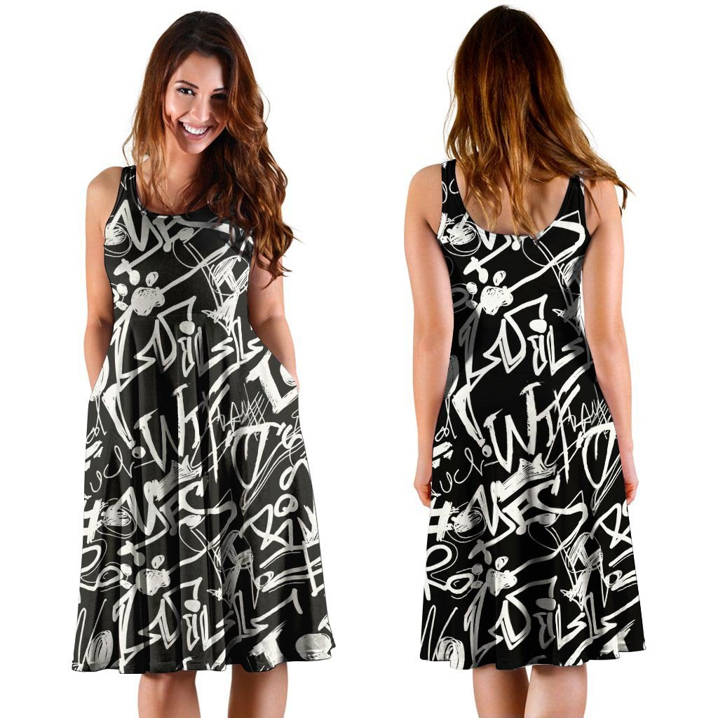 Black And White Graffiti Doodle Text Print Dress-grizzshop