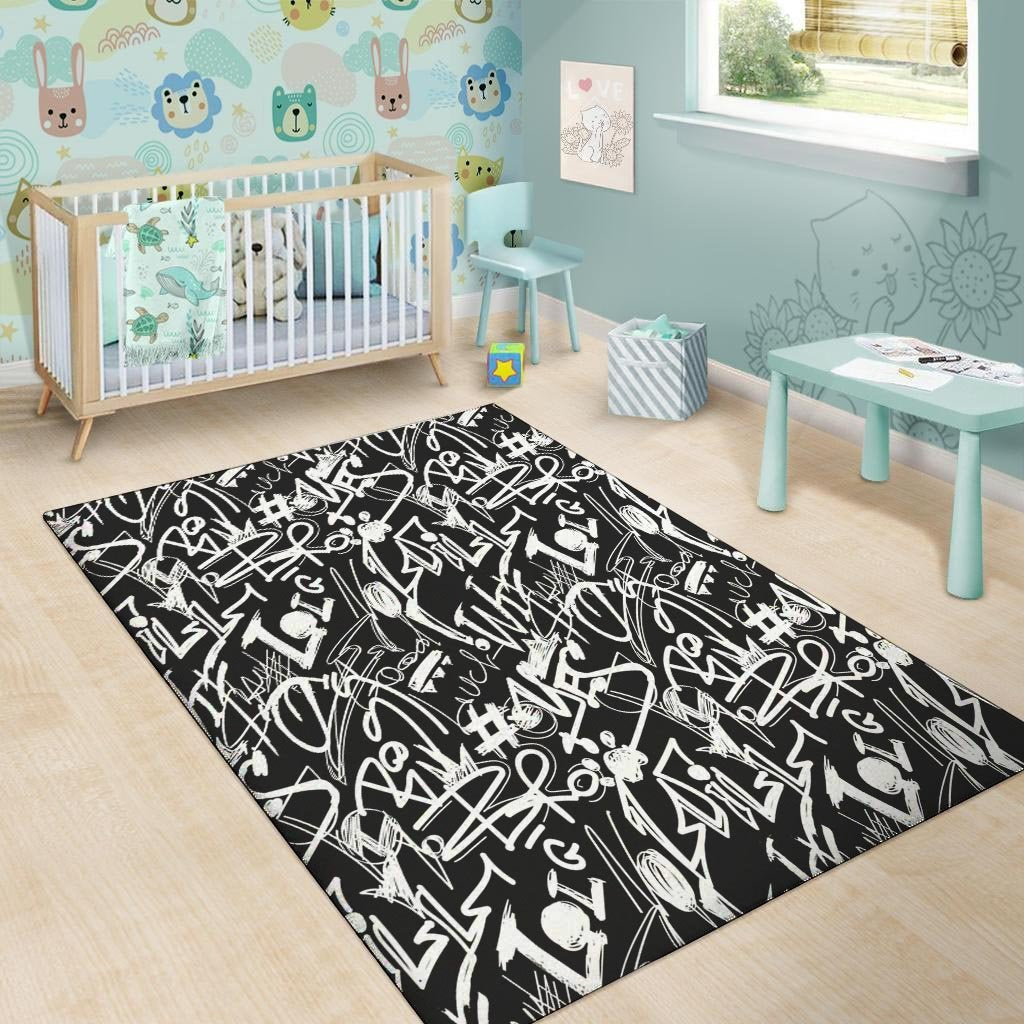 Black And White Graffiti Doodle Text Print Floor Mat-grizzshop