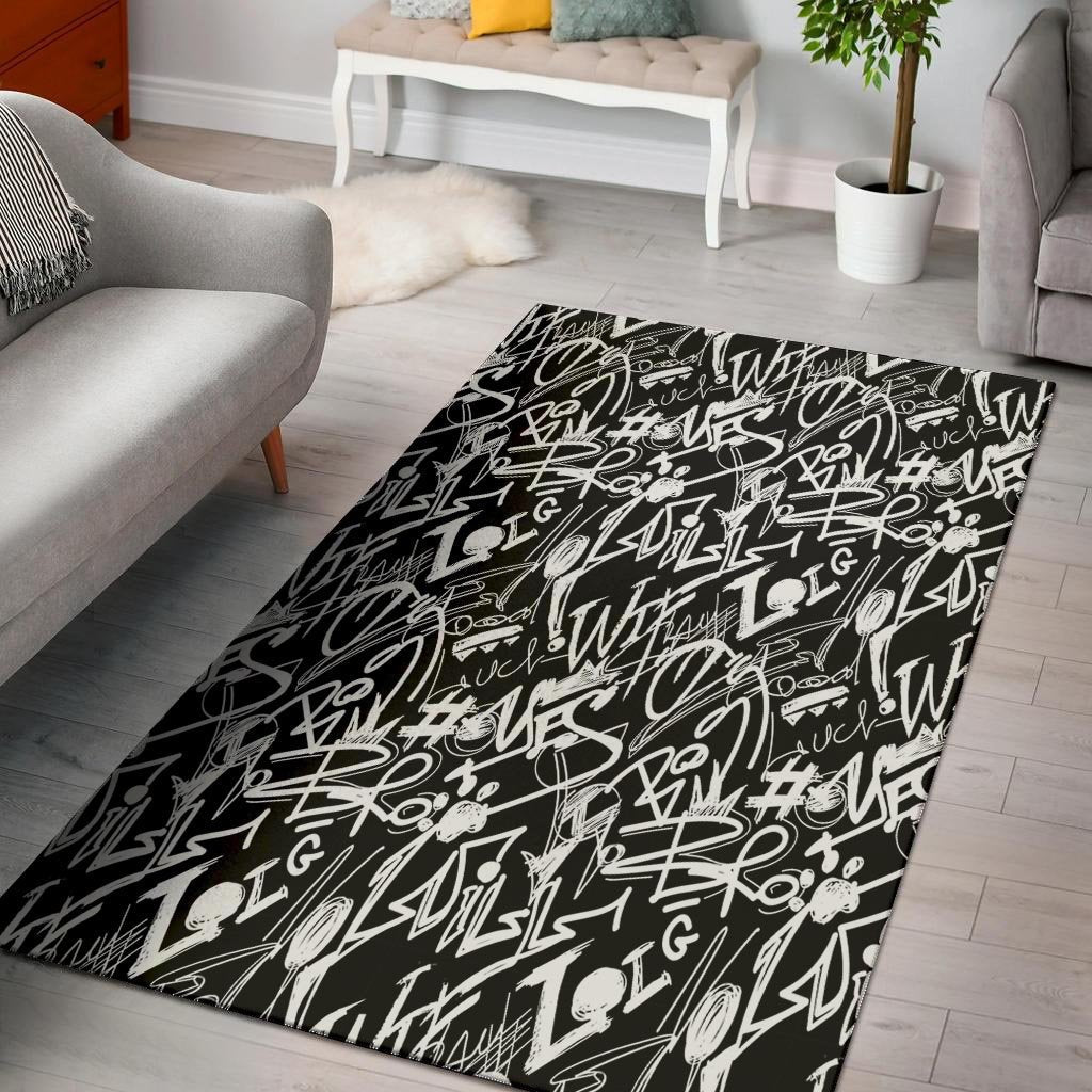 Black And White Graffiti Doodle Text Print Floor Mat-grizzshop