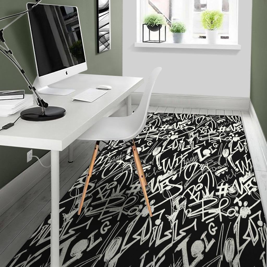 Black And White Graffiti Doodle Text Print Floor Mat-grizzshop