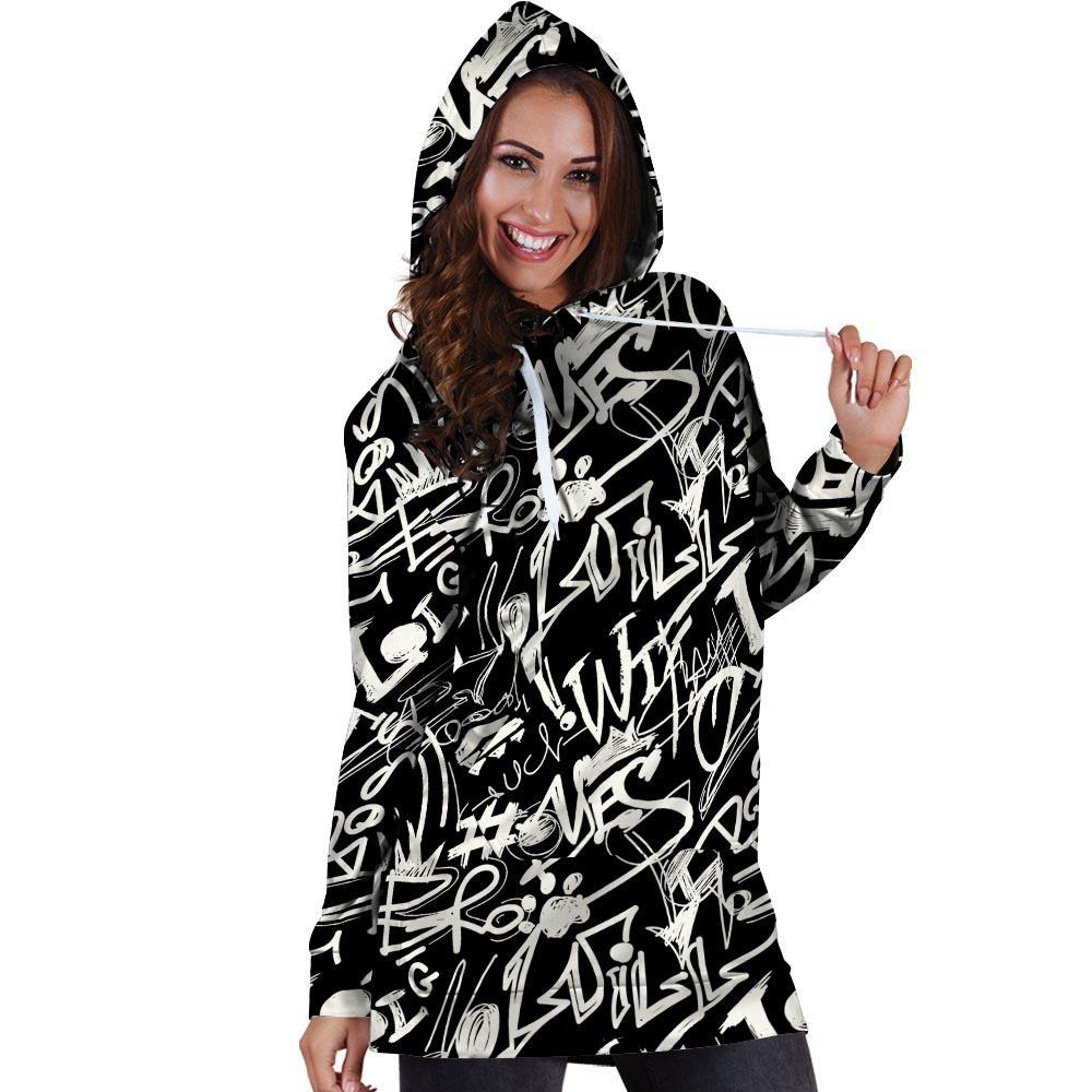 Black And White Graffiti Doodle Text Print Hoodie Dress-grizzshop