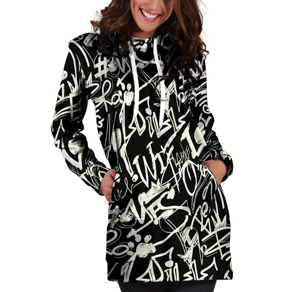 Black And White Graffiti Doodle Text Print Hoodie Dress-grizzshop