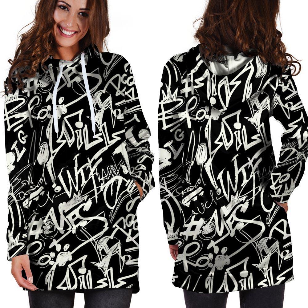 Black And White Graffiti Doodle Text Print Hoodie Dress-grizzshop