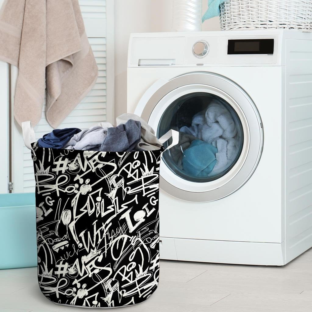 Black And White Graffiti Doodle Text Print Laundry Basket-grizzshop