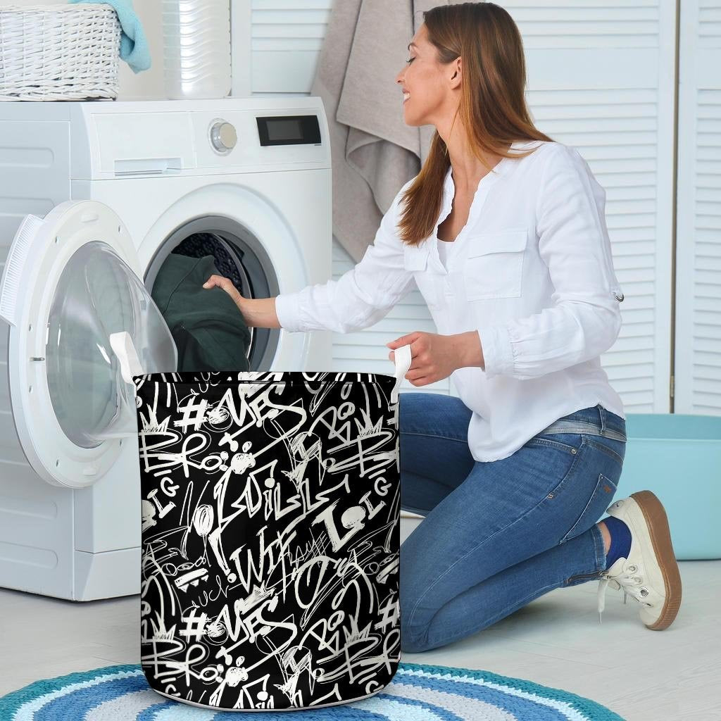 Black And White Graffiti Doodle Text Print Laundry Basket-grizzshop