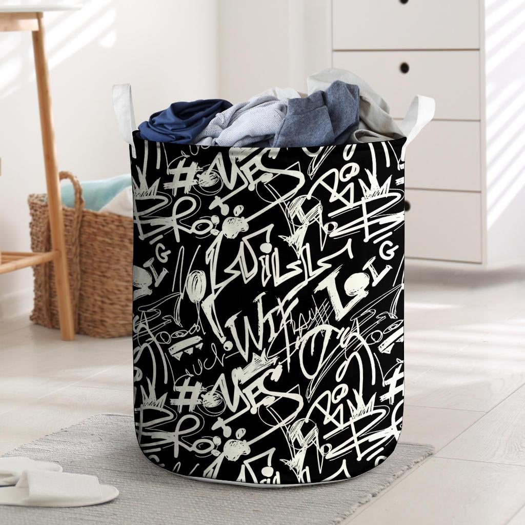 Black And White Graffiti Doodle Text Print Laundry Basket-grizzshop