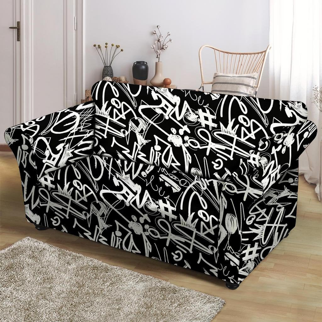 Black And White Graffiti Doodle Text Print Loveseat Cover-grizzshop