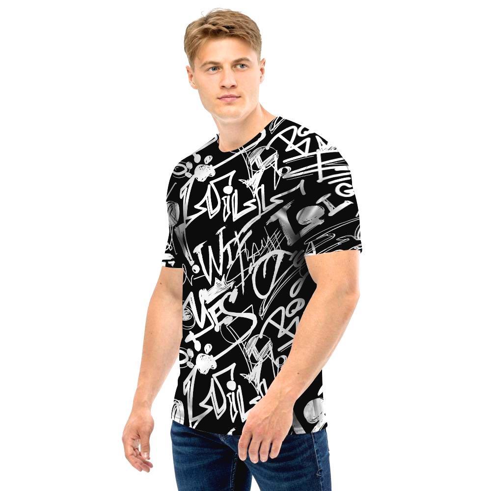 Black And White Graffiti Doodle Text Print Men T Shirt-grizzshop