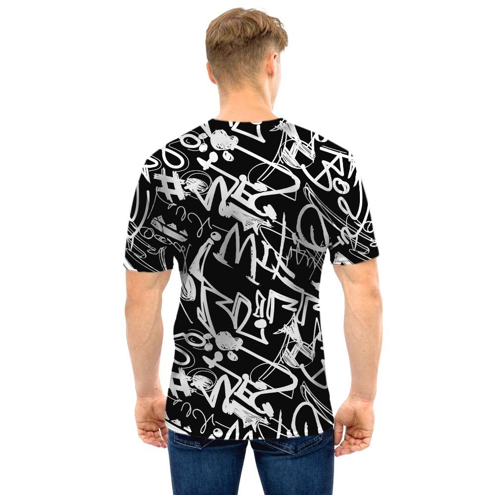 Black And White Graffiti Doodle Text Print Men T Shirt-grizzshop