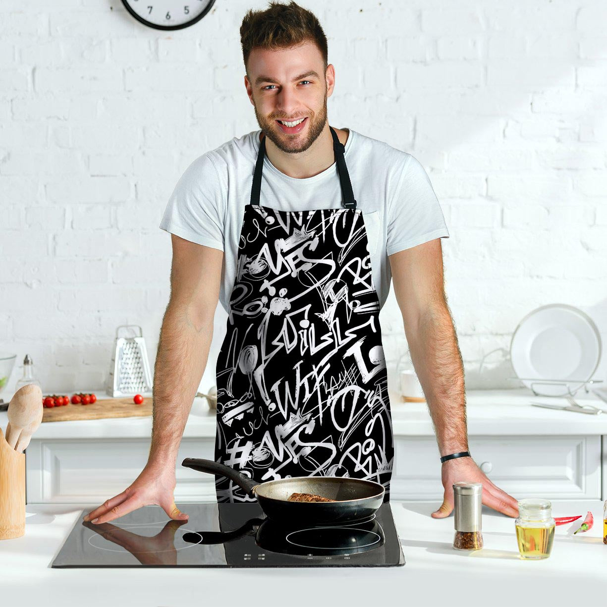 Black And White Graffiti Doodle Text Print Men's Apron-grizzshop