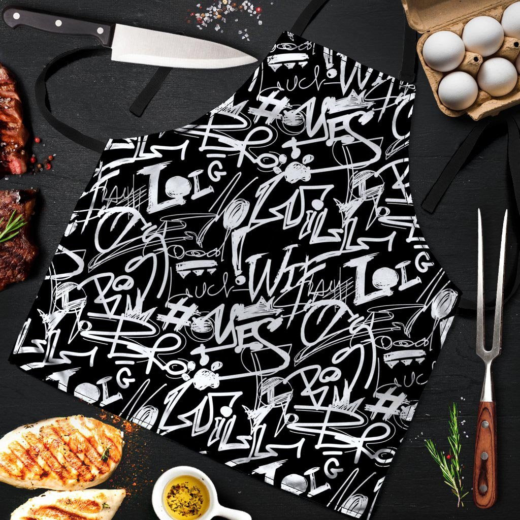 Black And White Graffiti Doodle Text Print Men's Apron-grizzshop