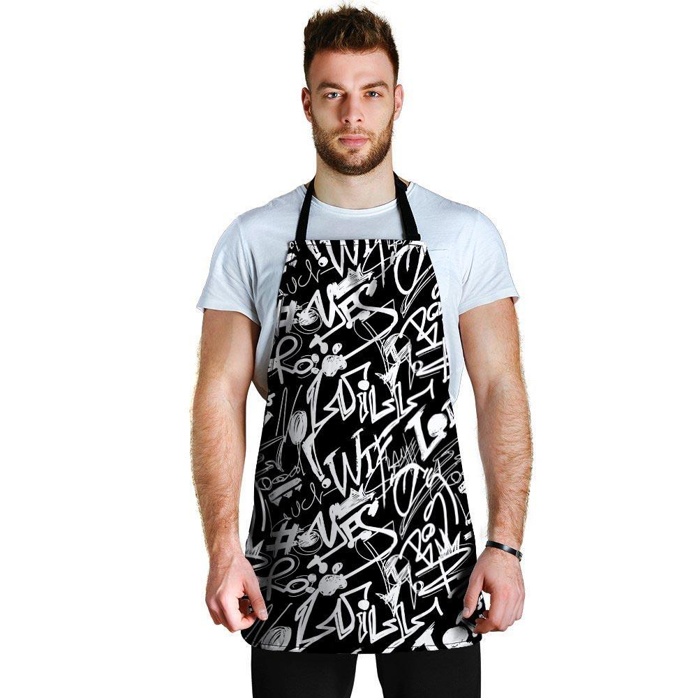 Black And White Graffiti Doodle Text Print Men's Apron-grizzshop