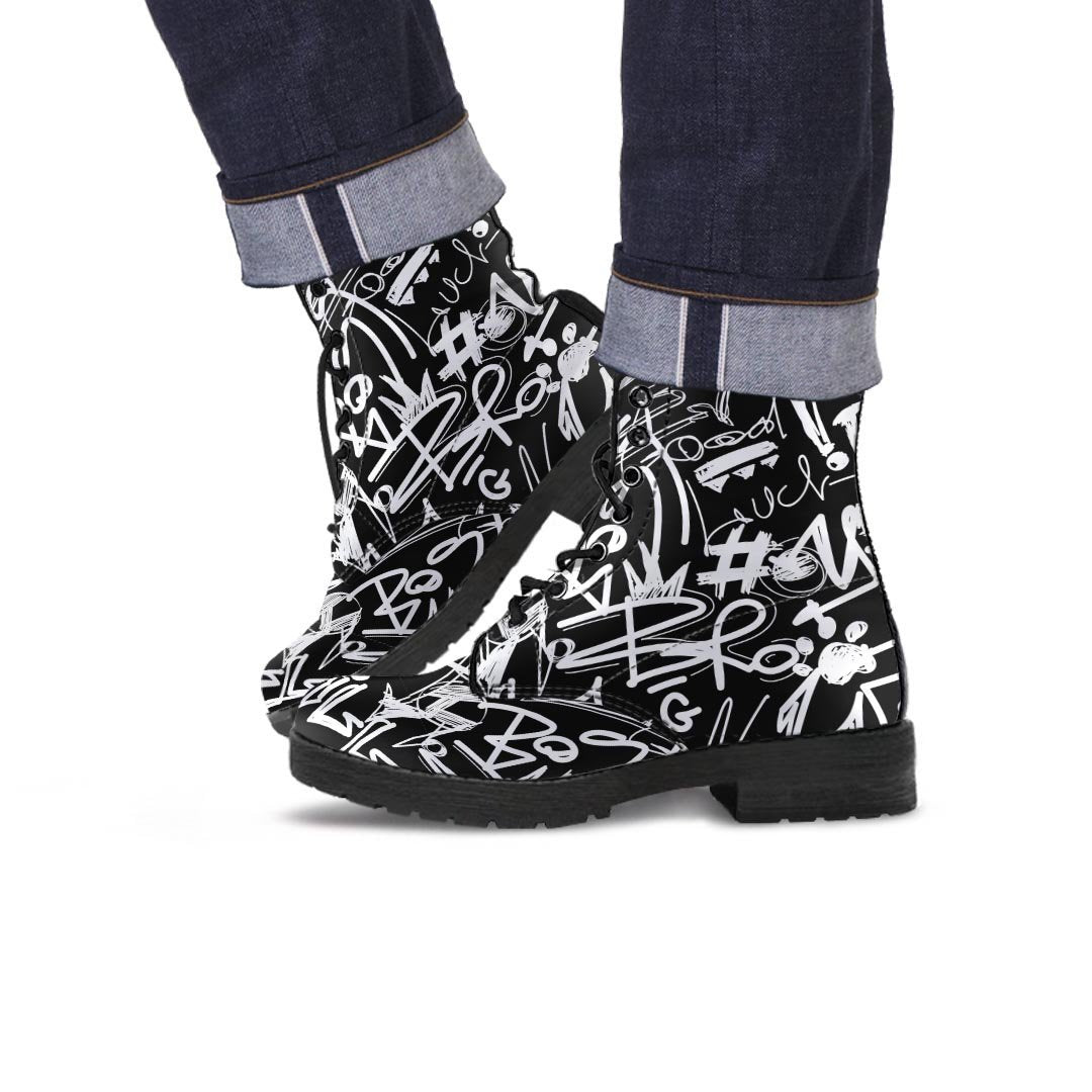 Black And White Graffiti Doodle Text Print Men's Boots-grizzshop