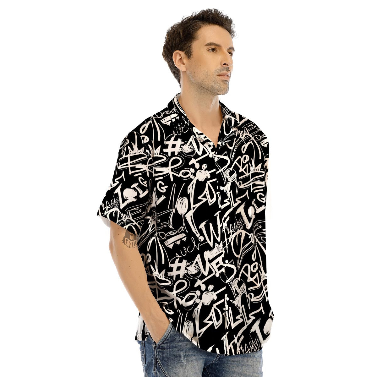 Black And White Graffiti Doodle Text Print Men’s Hawaiian Shirt-grizzshop