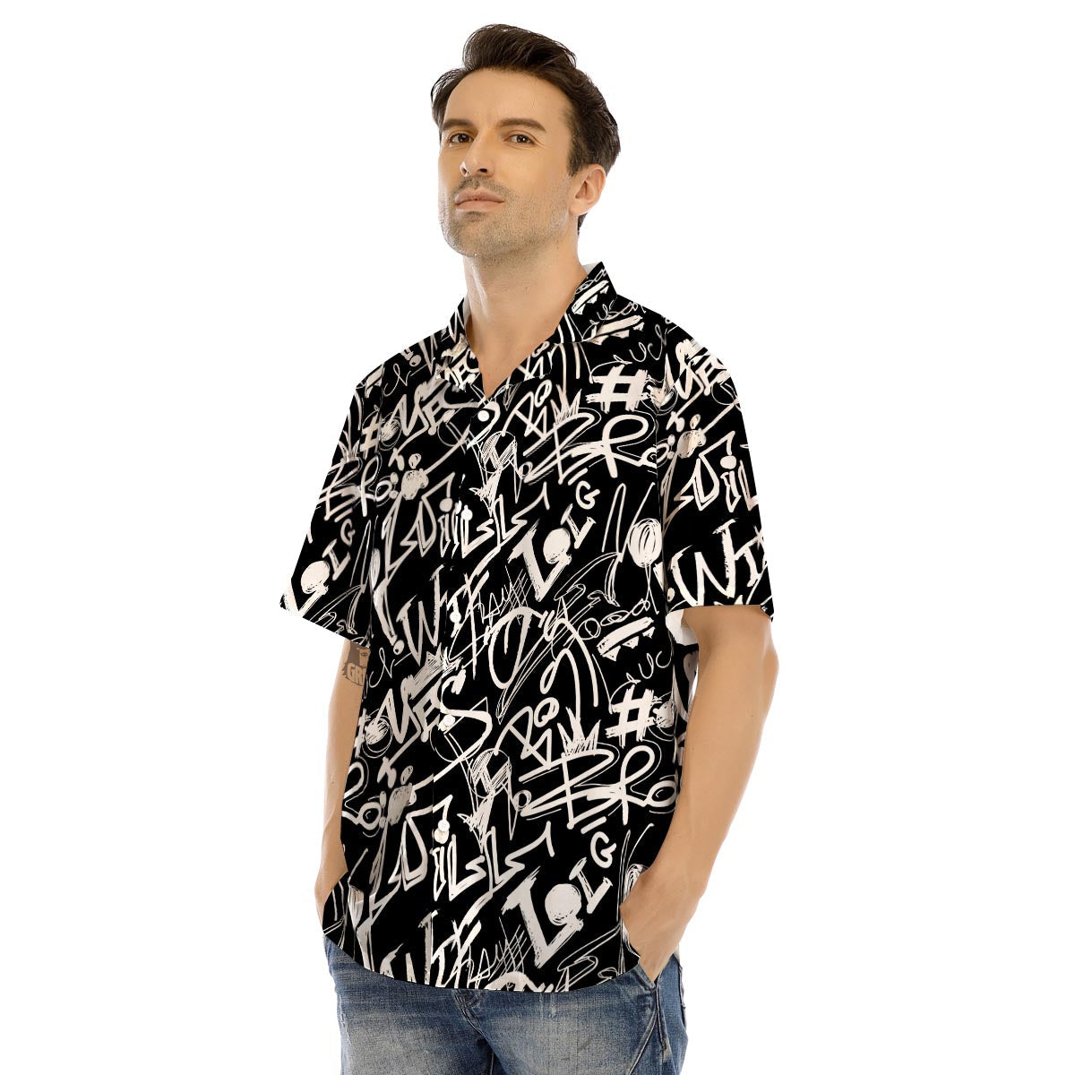 Black And White Graffiti Doodle Text Print Men’s Hawaiian Shirt-grizzshop