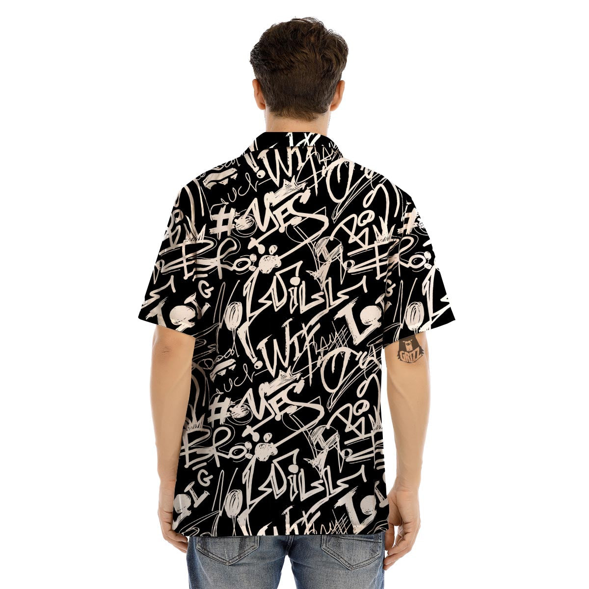 Black And White Graffiti Doodle Text Print Men’s Hawaiian Shirt-grizzshop