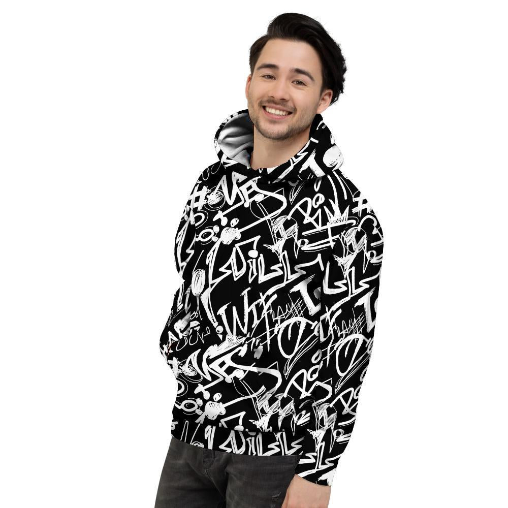 Black And White Graffiti Doodle Text Print Men's Hoodie-grizzshop