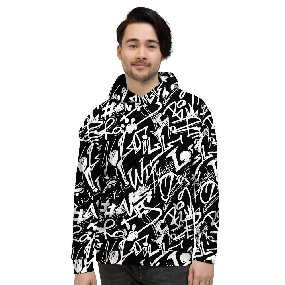 Black And White Graffiti Doodle Text Print Men's Hoodie-grizzshop