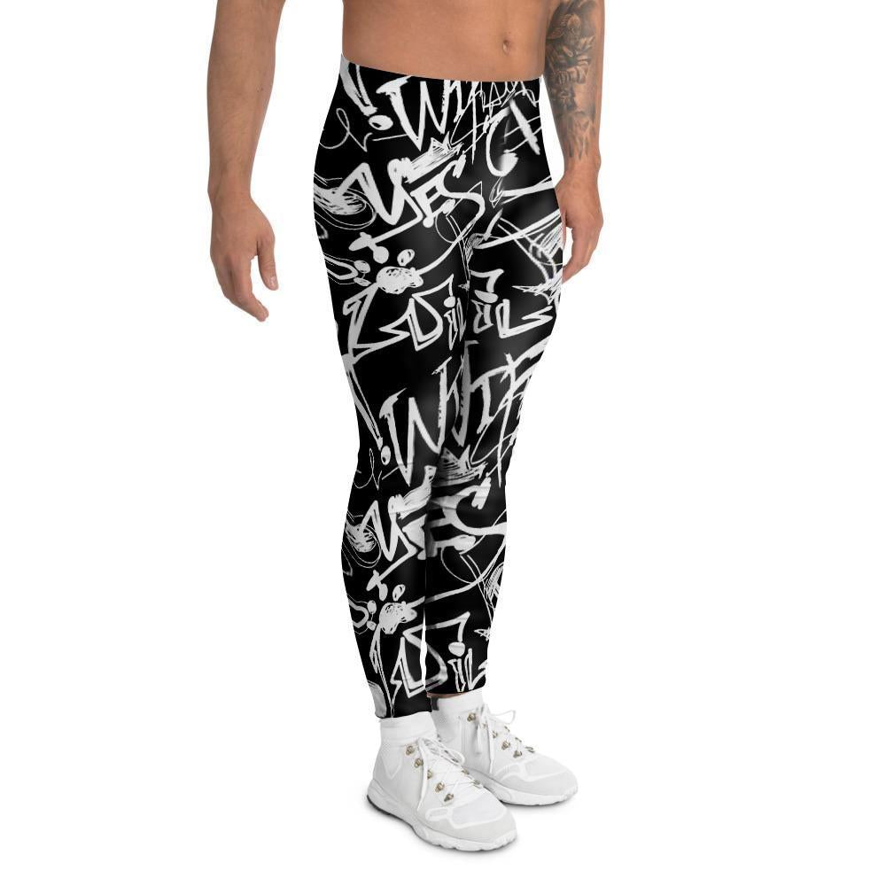 Black And White Graffiti Doodle Text Print Men's Leggings-grizzshop