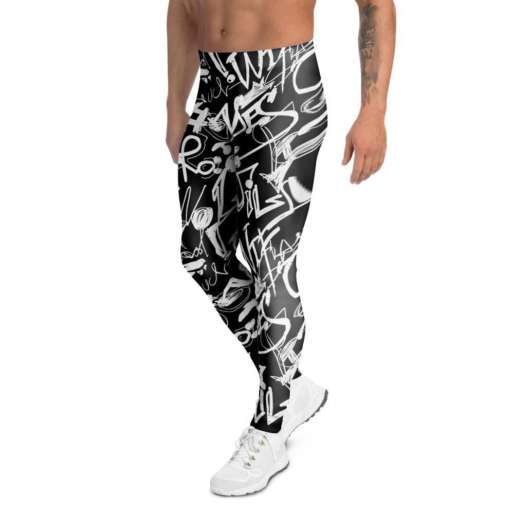 Black And White Graffiti Doodle Text Print Men's Leggings-grizzshop