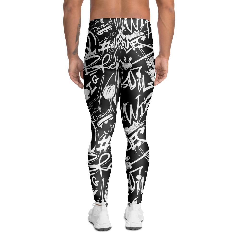 Black And White Graffiti Doodle Text Print Men's Leggings-grizzshop