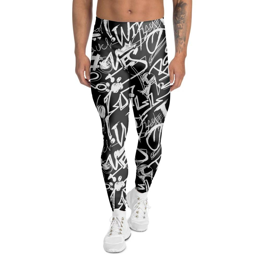 Black And White Graffiti Doodle Text Print Men's Leggings-grizzshop