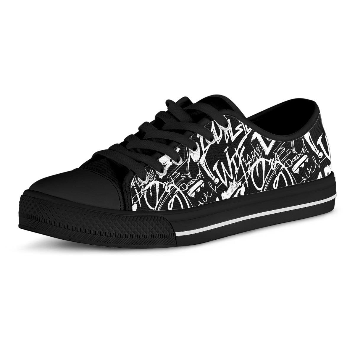 Black And White Graffiti Doodle Text Print Men's Low Top Shoes-grizzshop