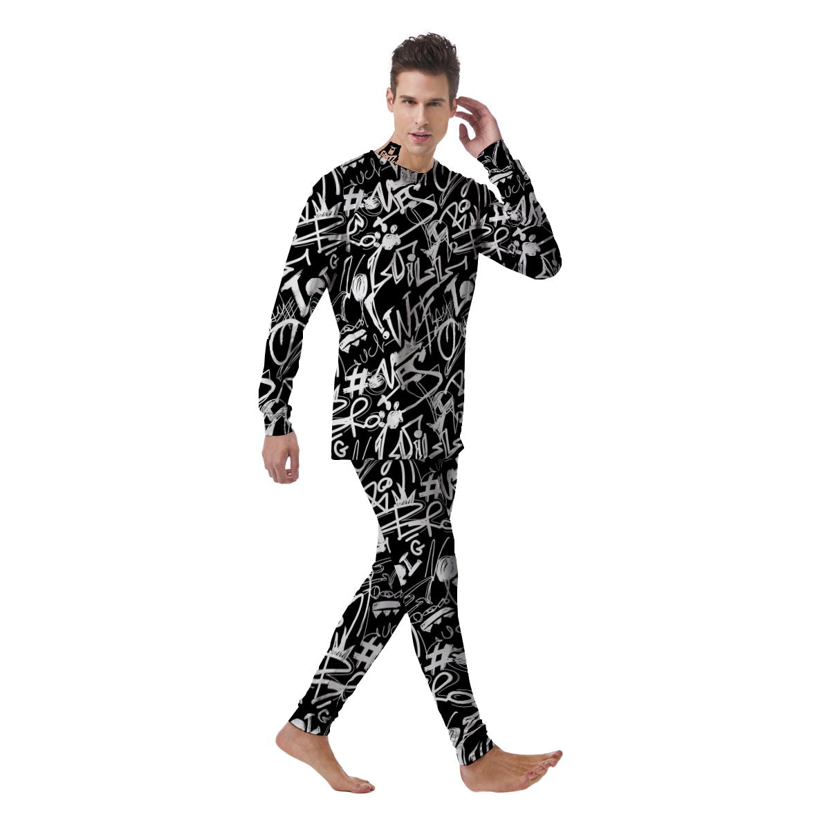 Black And White Graffiti Doodle Text Print Men's Pajamas-grizzshop